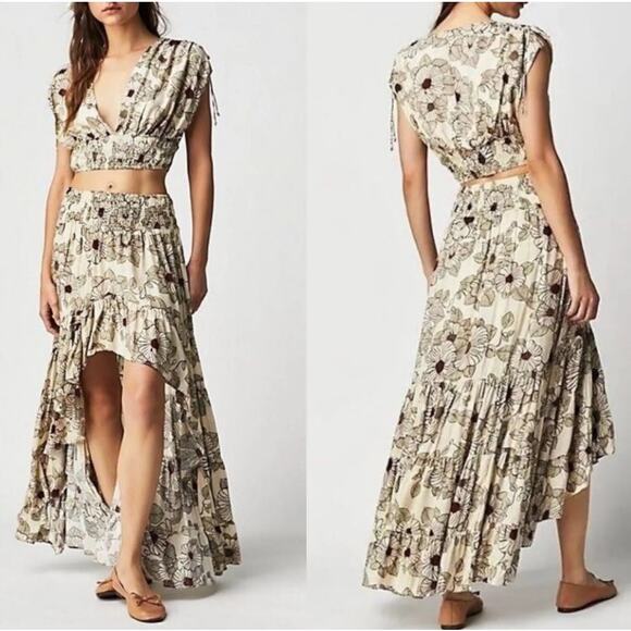 Free People Other - Free People Morning Sun Set Floral Two-Piece Crop Top Maxi Skirt NEW Ivory Small